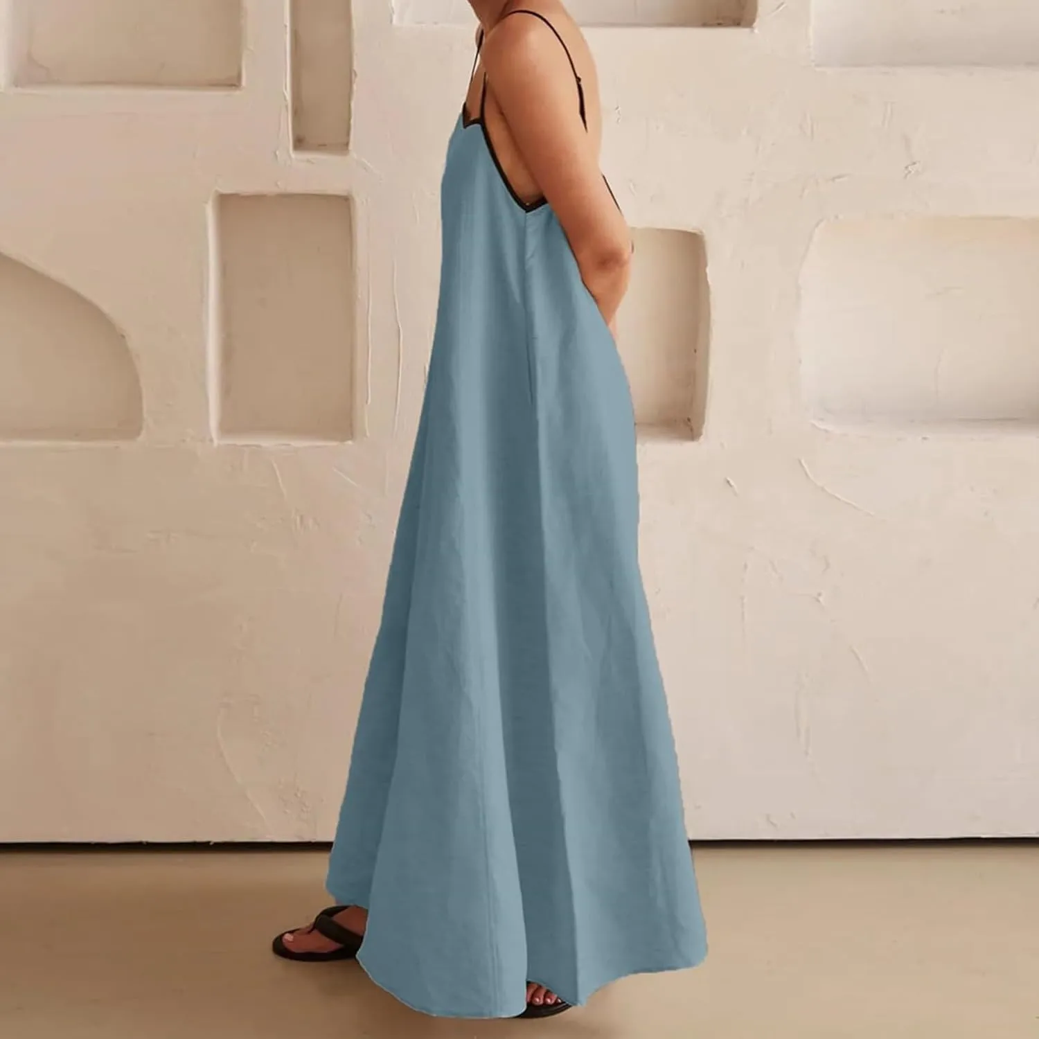 Kubbon Womens Linen Maxi Dress 2025 Summer Contrast Spaghetti Strap Dress Casual Sleeveless T Shirt Beach Dresses