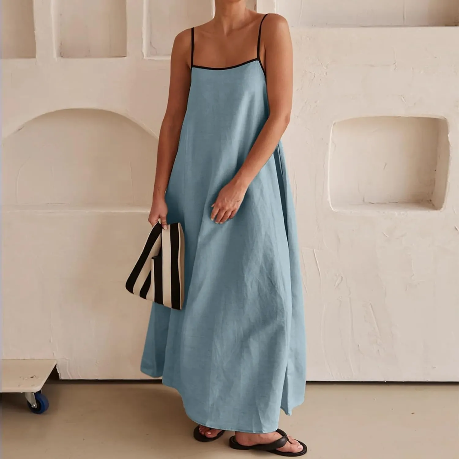 Kubbon Womens Linen Maxi Dress 2025 Summer Contrast Spaghetti Strap Dress Casual Sleeveless T Shirt Beach Dresses