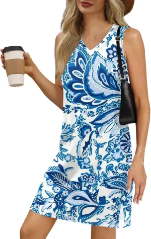 KUIOLYPOER Summer Dresses for Women 2025 Casual V Neck Sleeveless Sundresses Boho Tank Dress Beach Hawaiian Dresses