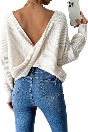 Labolliy Women Twist Back Backless Drop Shoulder Long Sleeve Pullover Rib Knit Sweater Tops