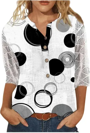 Lace 3/4 Length Sleeve Henley Shirts for Women Floral Print V Neck Button Down Trendy Summer Tops