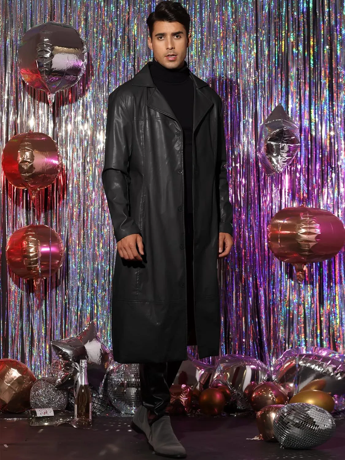 Lars Amadeus PU Faux Leather Long Jacket for Men's Vintage Lapel Gothic Trench Coat Outwear