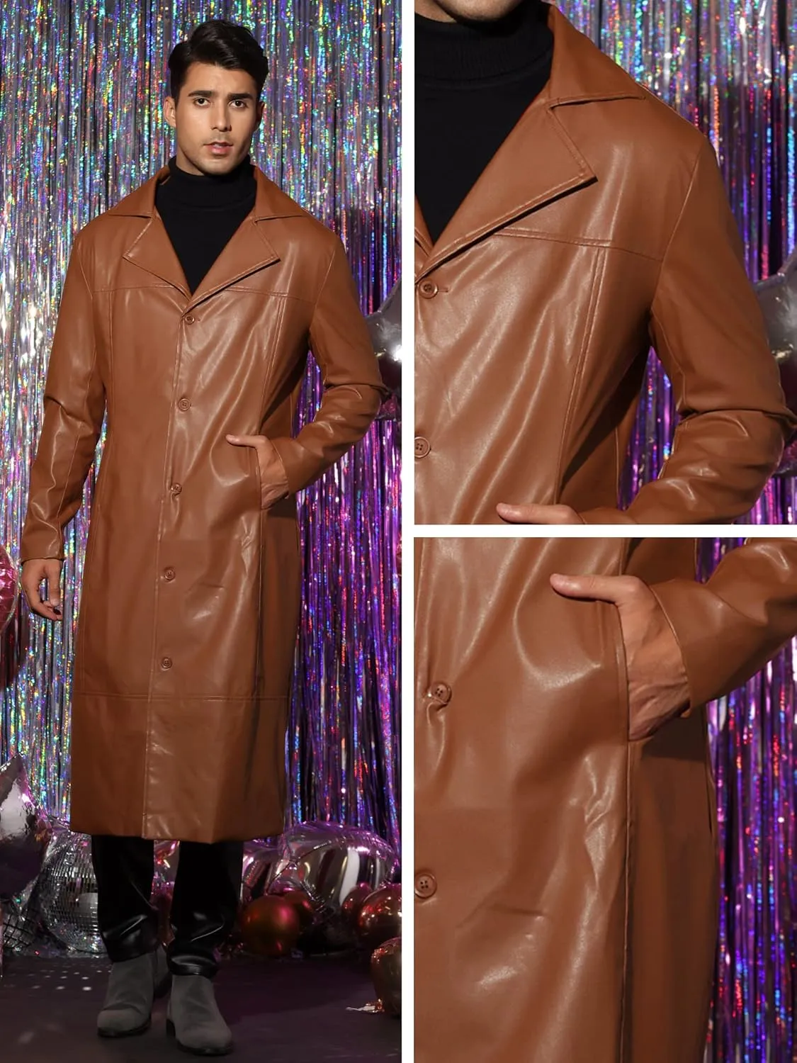 Lars Amadeus PU Faux Leather Long Jacket for Men's Vintage Lapel Gothic Trench Coat Outwear