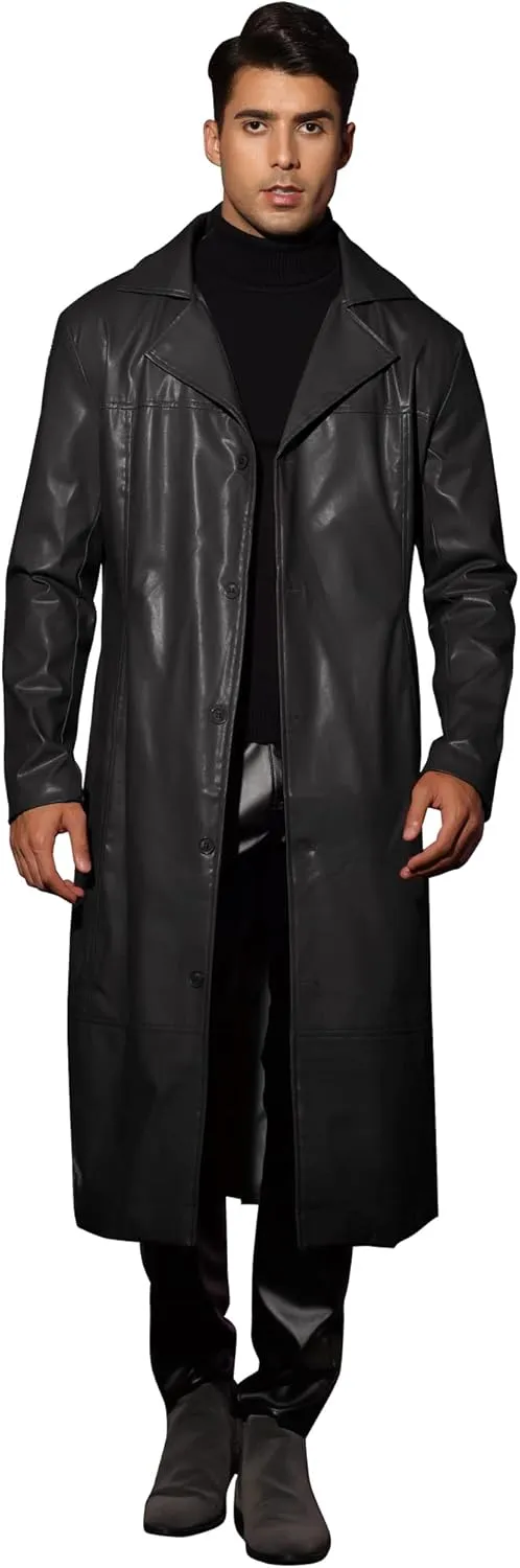 Lars Amadeus PU Faux Leather Long Jacket for Men's Vintage Lapel Gothic Trench Coat Outwear