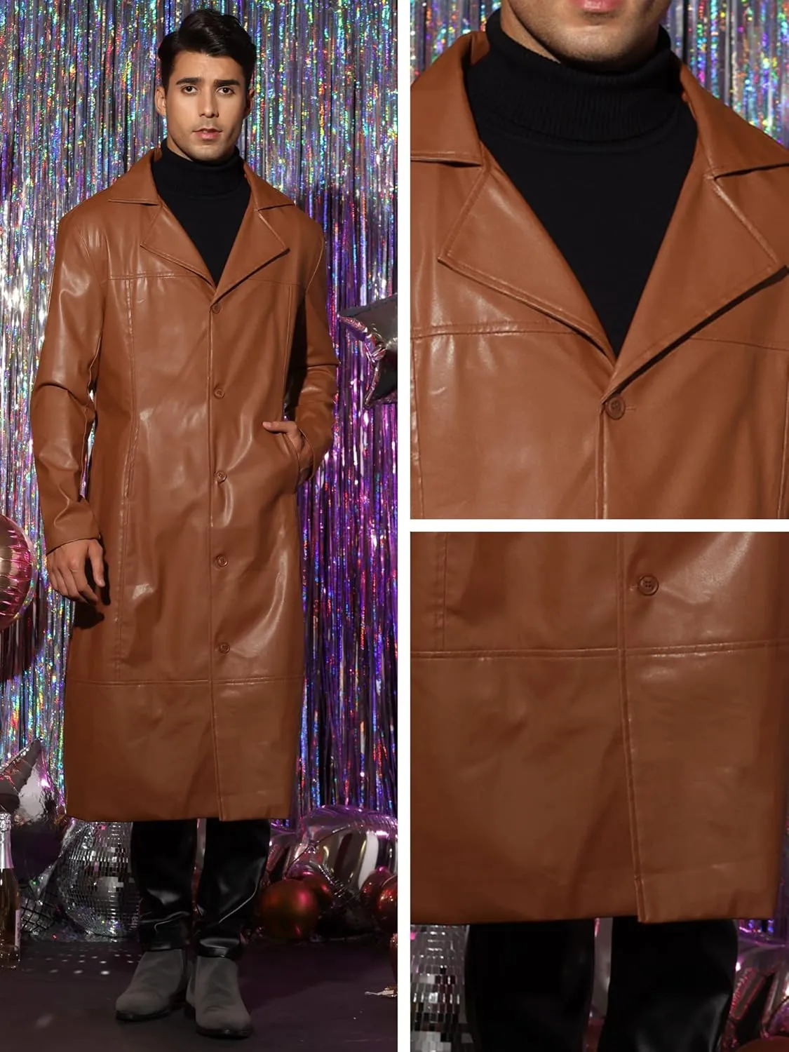 Lars Amadeus PU Faux Leather Long Jacket for Men's Vintage Lapel Gothic Trench Coat Outwear