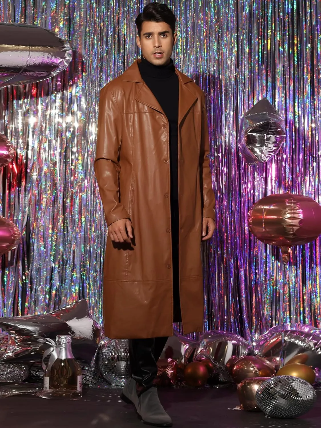 Lars Amadeus PU Faux Leather Long Jacket for Men's Vintage Lapel Gothic Trench Coat Outwear