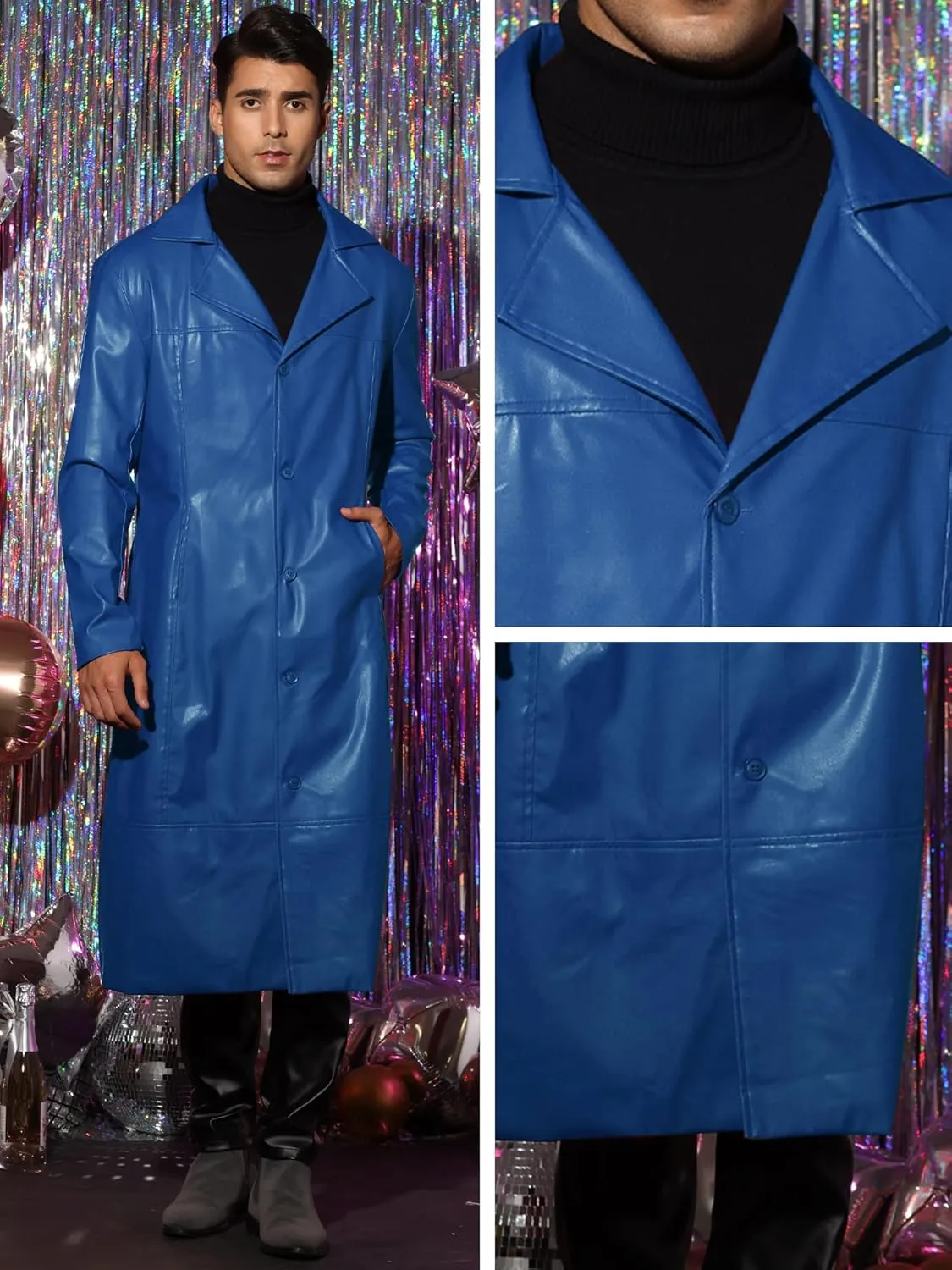 Lars Amadeus PU Faux Leather Long Jacket for Men's Vintage Lapel Gothic Trench Coat Outwear