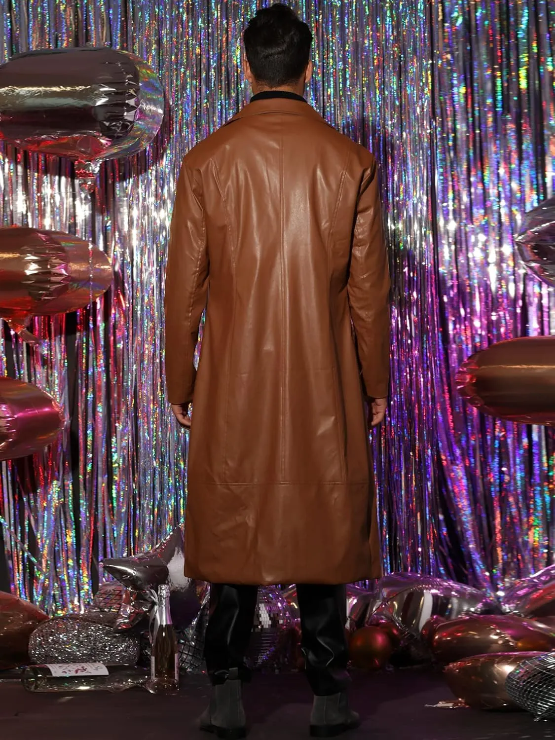 Lars Amadeus PU Faux Leather Long Jacket for Men's Vintage Lapel Gothic Trench Coat Outwear
