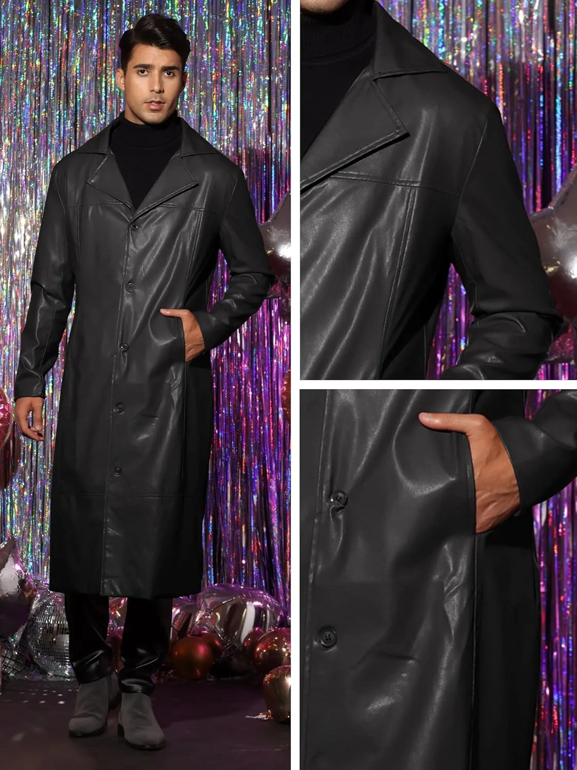 Lars Amadeus PU Faux Leather Long Jacket for Men's Vintage Lapel Gothic Trench Coat Outwear