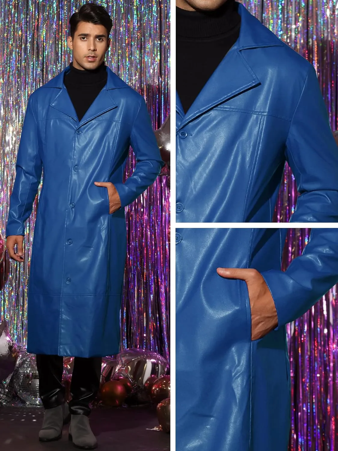Lars Amadeus PU Faux Leather Long Jacket for Men's Vintage Lapel Gothic Trench Coat Outwear