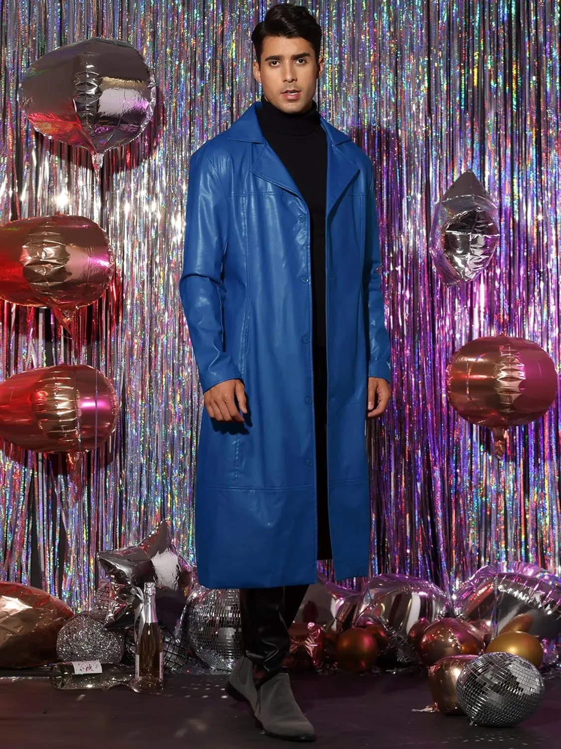 Lars Amadeus PU Faux Leather Long Jacket for Men's Vintage Lapel Gothic Trench Coat Outwear