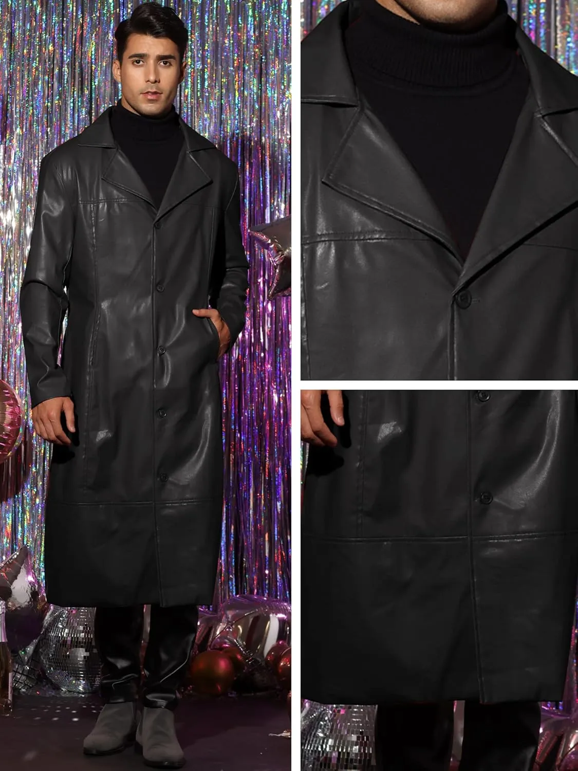 Lars Amadeus PU Faux Leather Long Jacket for Men's Vintage Lapel Gothic Trench Coat Outwear