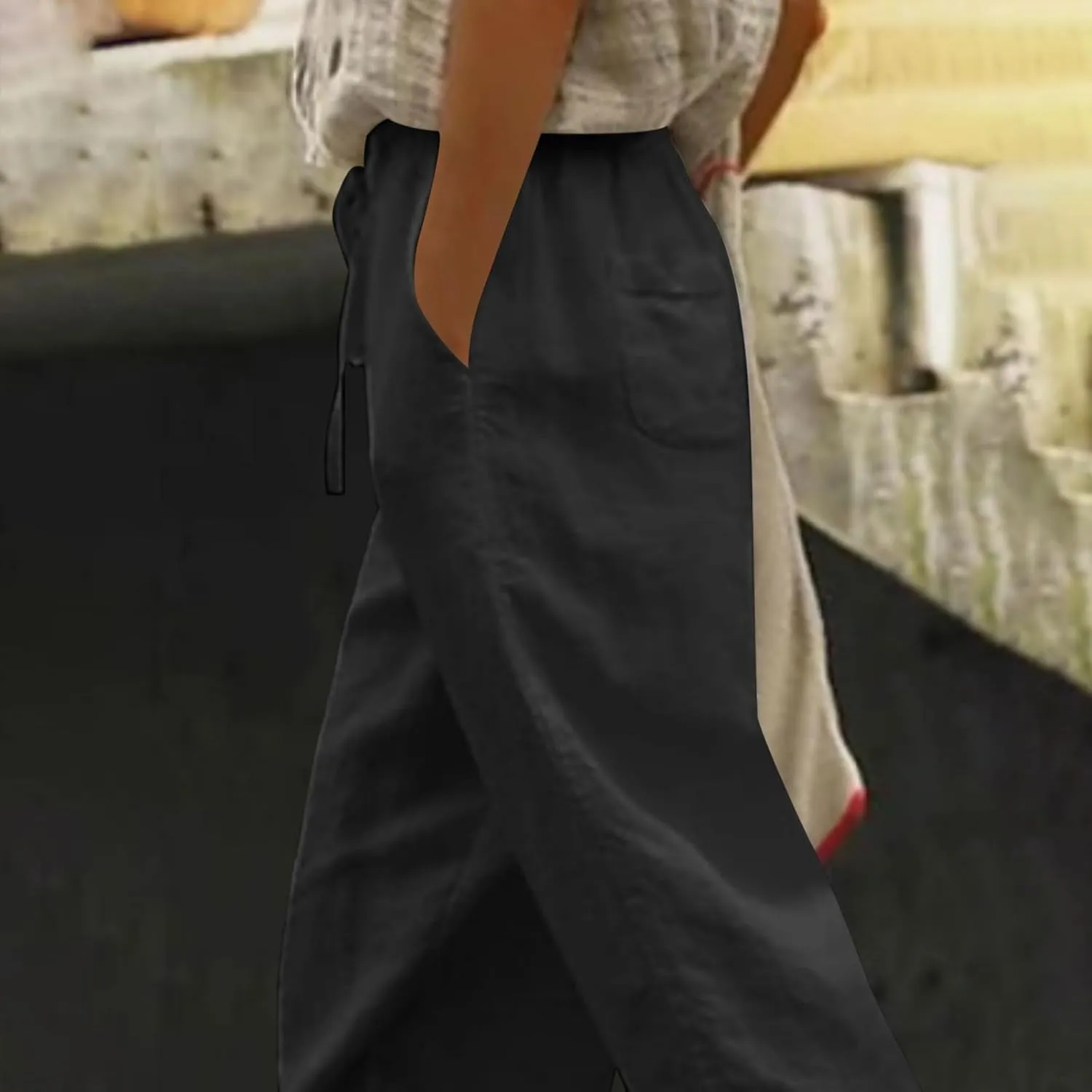 Lastesso Linen Pants Women Casual High Waist Cotton Summer Comfy Slacks Lightweight Vacation Hawaii Trousers with Pockets