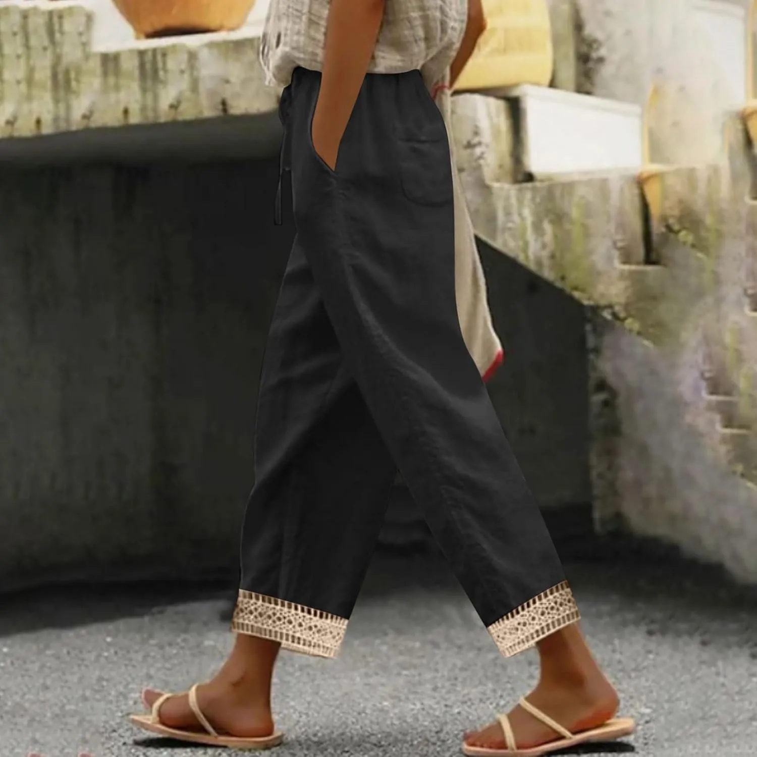 Lastesso Linen Pants Women Casual High Waist Cotton Summer Comfy Slacks Lightweight Vacation Hawaii Trousers with Pockets