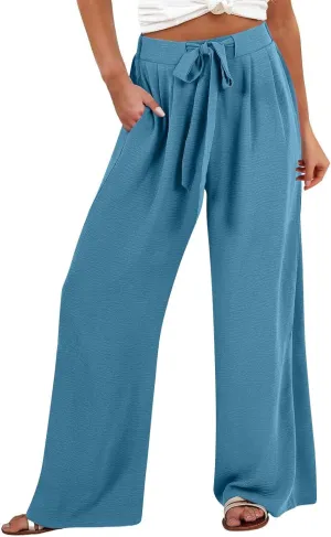 Lastesso Palazzo Pants for Women Casual Linen Wide Leg Business Trousers with Pockets Belted Fold Pleated Lounge Outfits