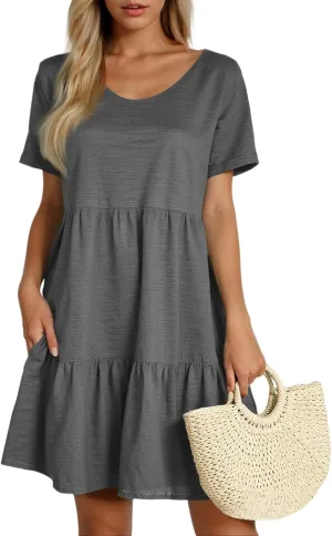 lcyhony Summer Dresses for Women 2025 Vacation Beach Short Sleeve Tshirt Dress Y2k Loose fit Scoop Neck Tiered Mini Sundress