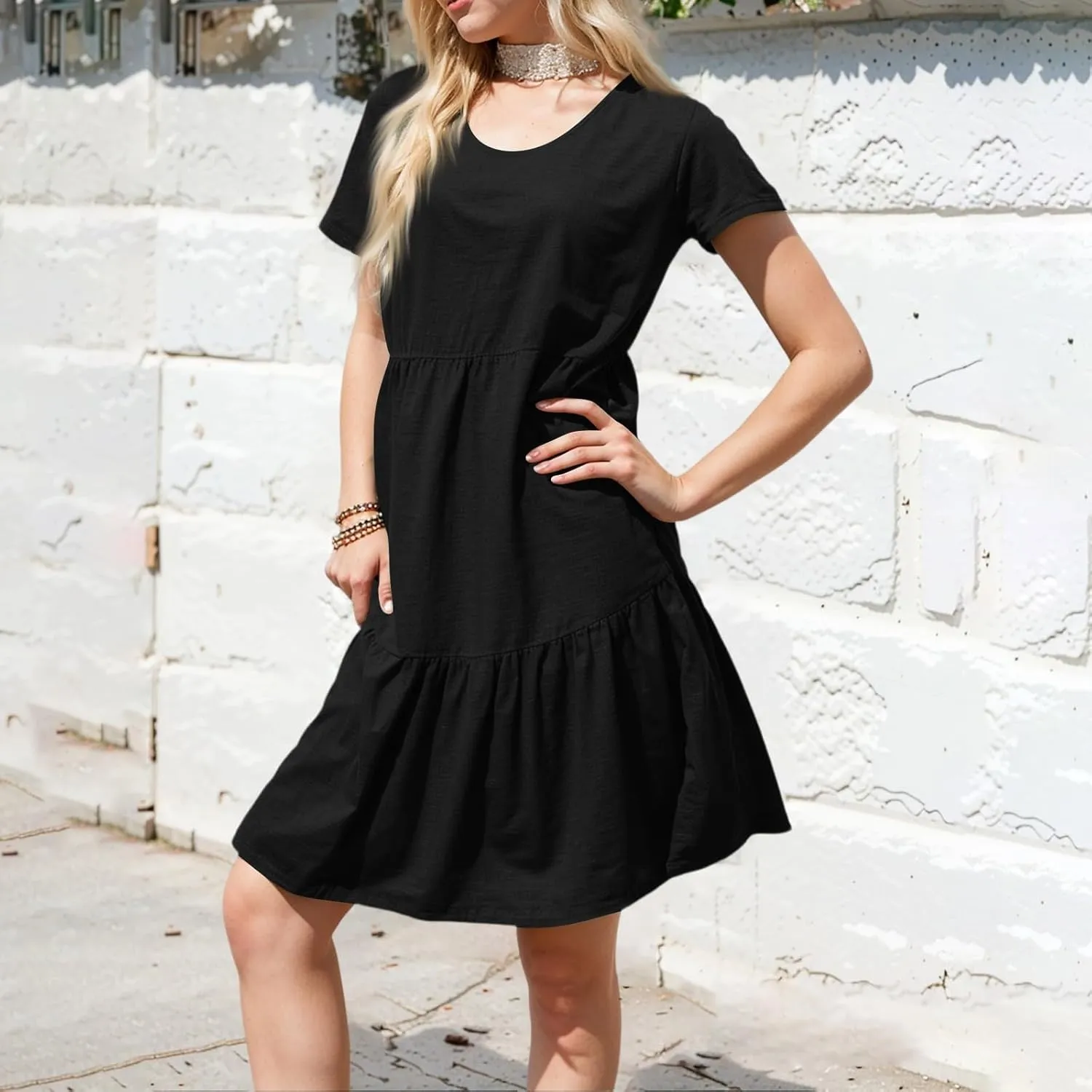 lcyhony Summer Dresses for Women 2025 Vacation Beach Short Sleeve Tshirt Dress Y2k Loose fit Scoop Neck Tiered Mini Sundress