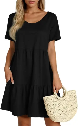 lcyhony Summer Dresses for Women 2025 Vacation Beach Short Sleeve Tshirt Dress Y2k Loose fit Scoop Neck Tiered Mini Sundress