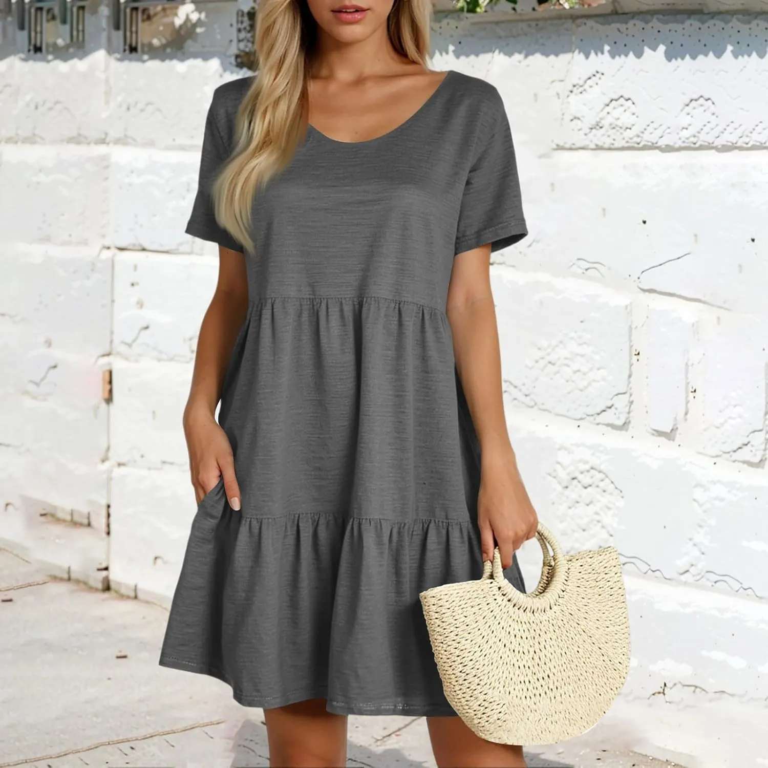 lcyhony Summer Dresses for Women 2025 Vacation Beach Short Sleeve Tshirt Dress Y2k Loose fit Scoop Neck Tiered Mini Sundress