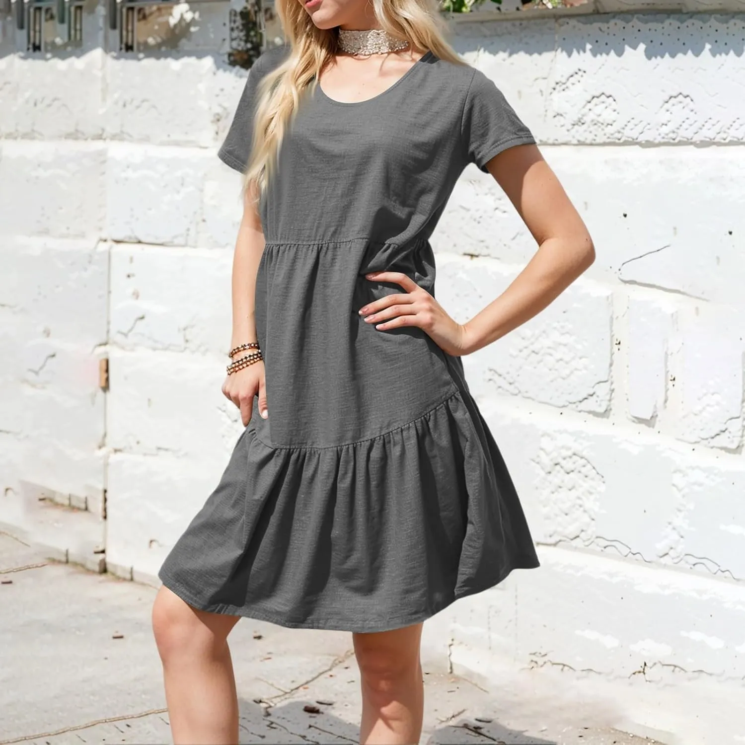 lcyhony Summer Dresses for Women 2025 Vacation Beach Short Sleeve Tshirt Dress Y2k Loose fit Scoop Neck Tiered Mini Sundress
