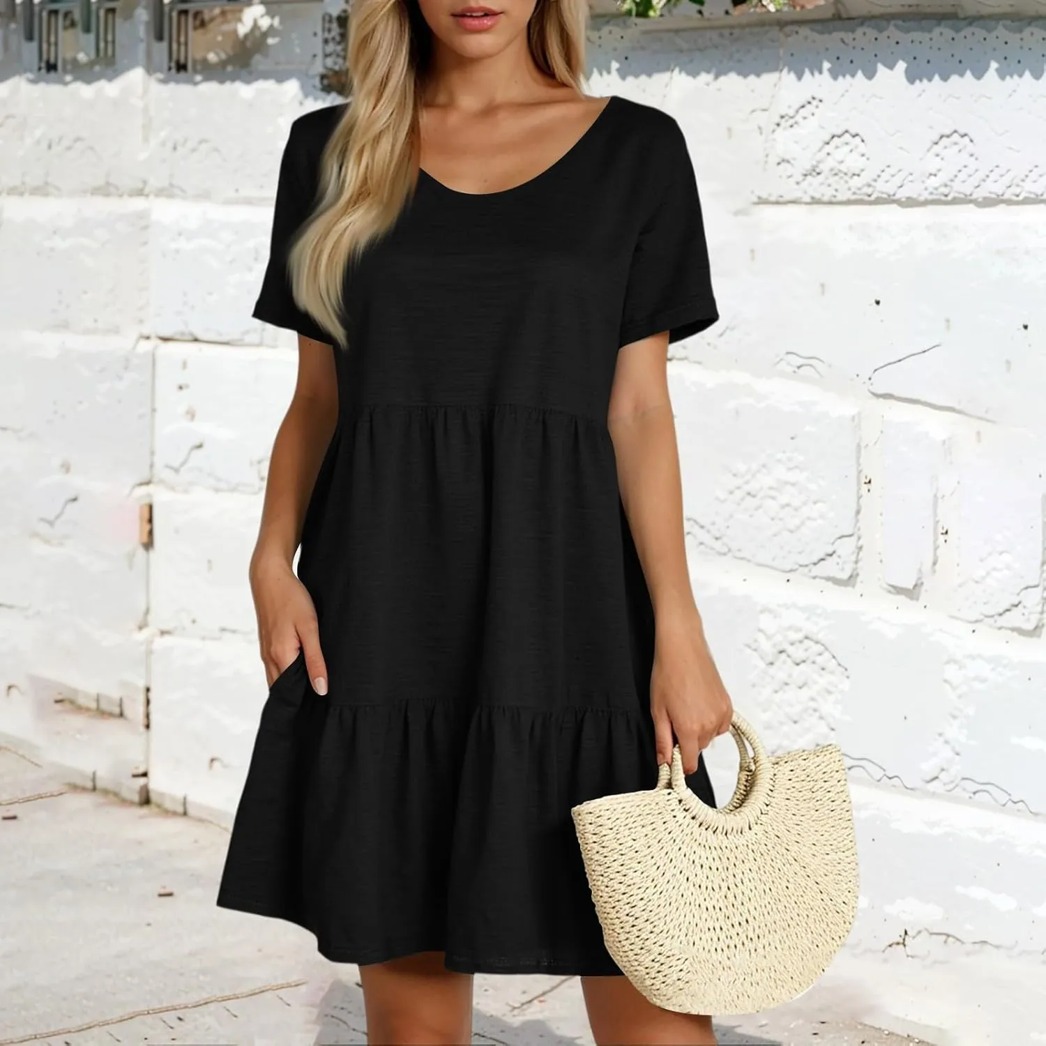 lcyhony Summer Dresses for Women 2025 Vacation Beach Short Sleeve Tshirt Dress Y2k Loose fit Scoop Neck Tiered Mini Sundress