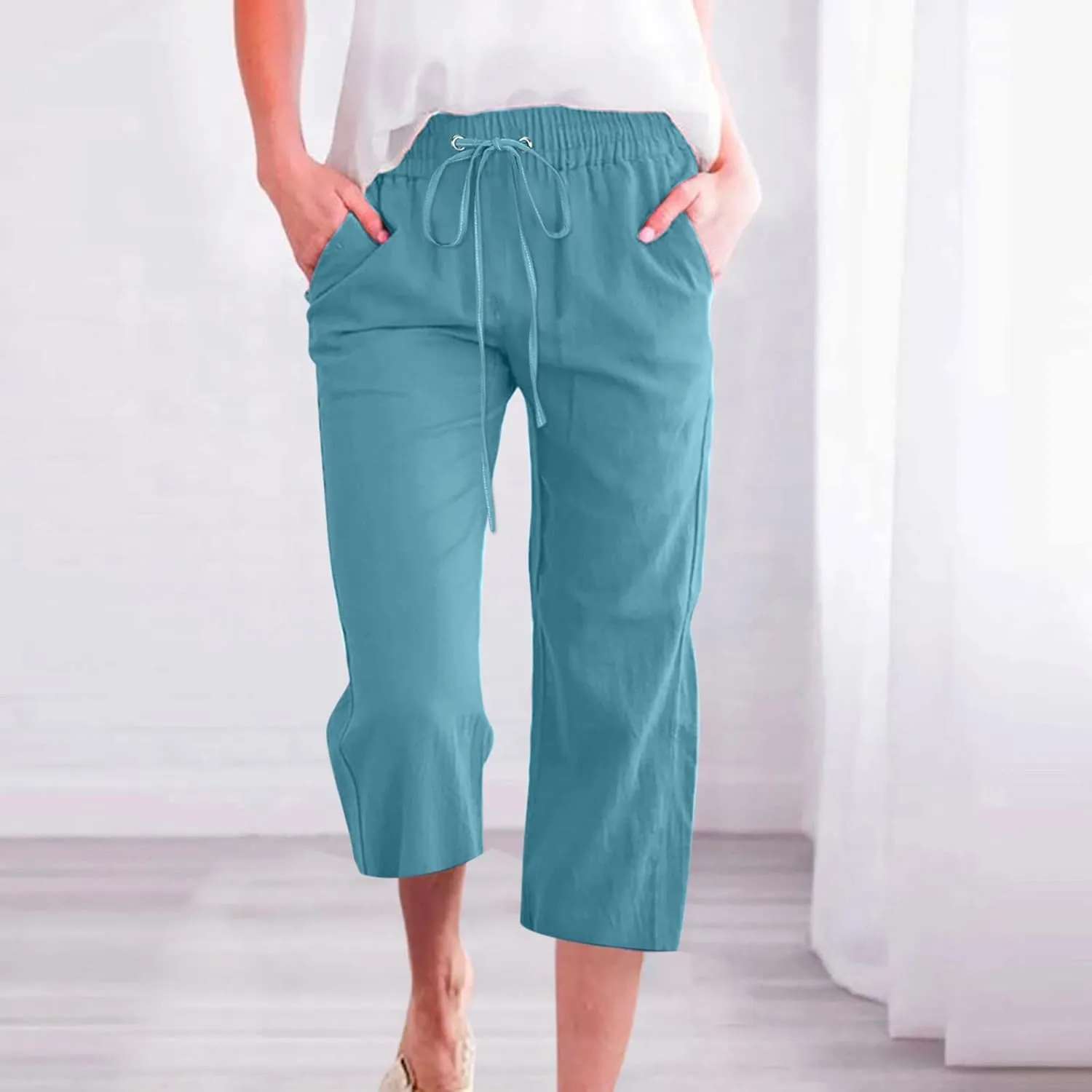 Linen Capri Pants for Women Casual 2024 Summer Drawstring Elastic High Waist Pant Wide Leg Cropped Trouser with Pockets