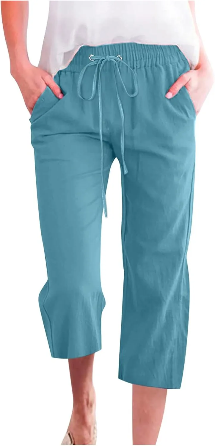 Linen Capri Pants for Women Casual 2024 Summer Drawstring Elastic High Waist Pant Wide Leg Cropped Trouser with Pockets
