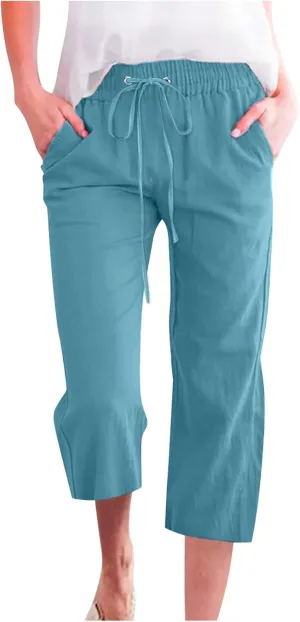 Linen Capri Pants for Women Casual 2024 Summer Drawstring Elastic High Waist Pant Wide Leg Cropped Trouser with Pockets