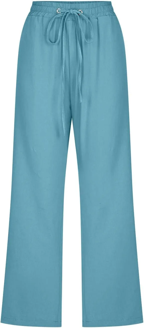 Linen Capri Pants for Women Casual 2024 Summer Drawstring Elastic High Waist Pant Wide Leg Cropped Trouser with Pockets
