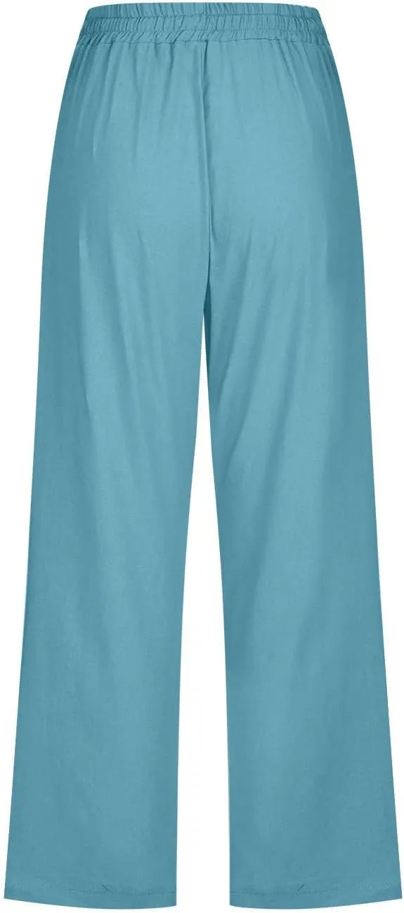 Linen Capri Pants for Women Casual 2024 Summer Drawstring Elastic High Waist Pant Wide Leg Cropped Trouser with Pockets