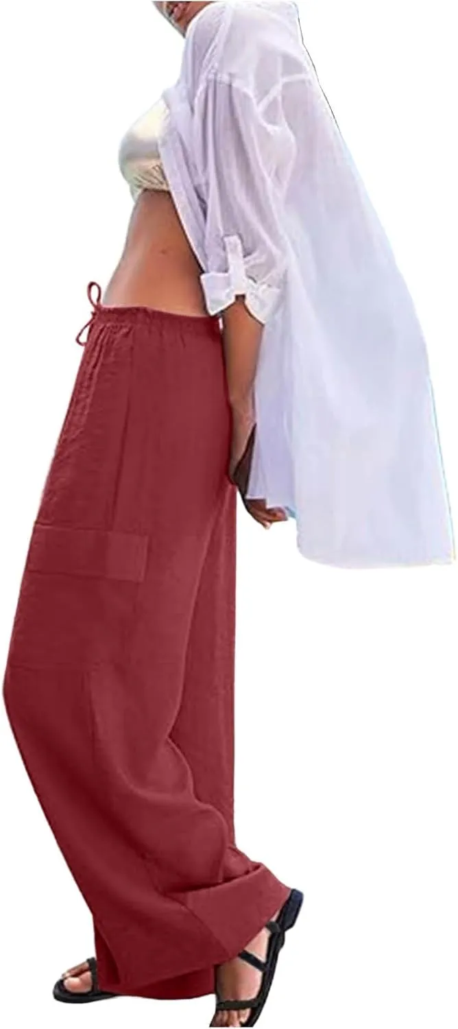 Linen Cargo Pants Women Lightweight Business Casual Summer Pants Comfy Cotton Work Trousers Baggy Slacks with Pockets