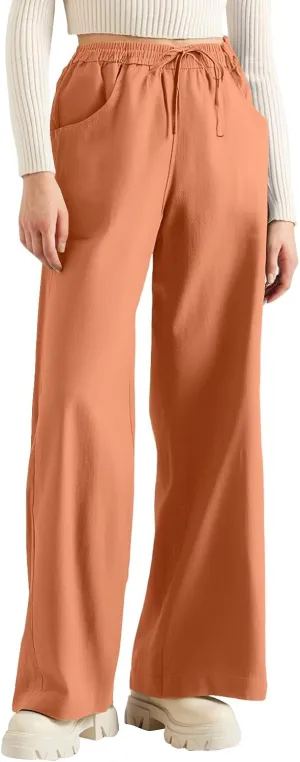 Linen Cotton Cargo Pants Trousers High Waisted Straight Leg Summer, Pull On Pants for Women Dressy Palazzo