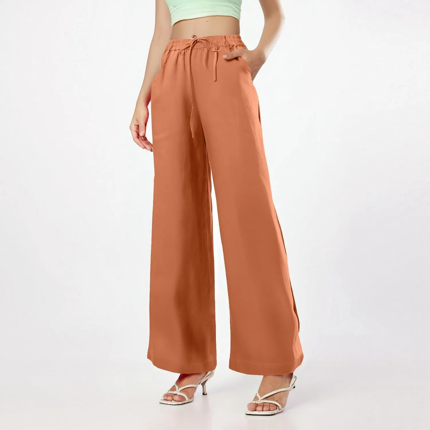 Linen Cotton Cargo Pants Trousers High Waisted Straight Leg Summer, Pull On Pants for Women Dressy Palazzo