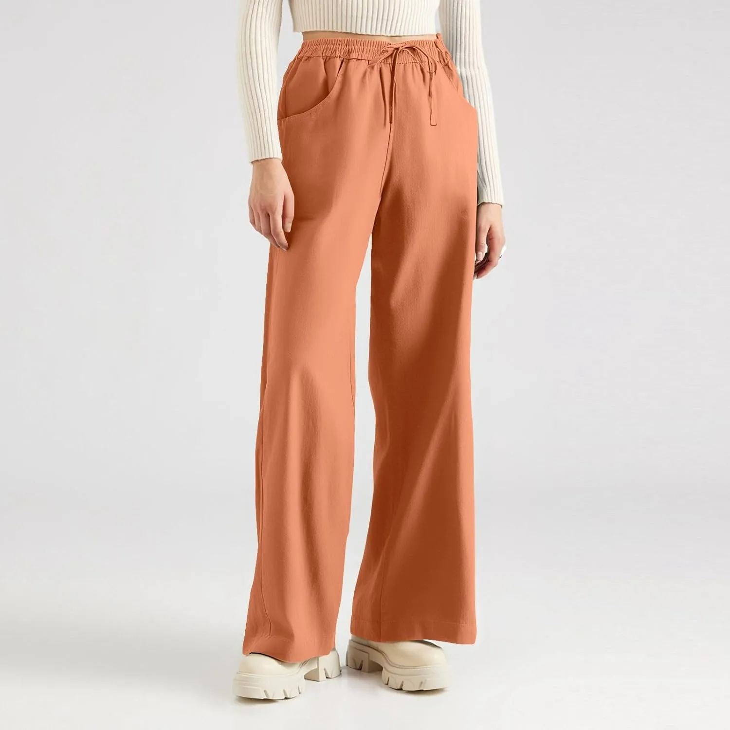 Linen Cotton Cargo Pants Trousers High Waisted Straight Leg Summer, Pull On Pants for Women Dressy Palazzo