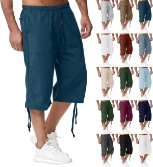 Linen Cropped Pants for Men Summer Lightweight Beach Capris Pants Elastic Waisted Wide Leg Lounge Capri Pant w/Pocket