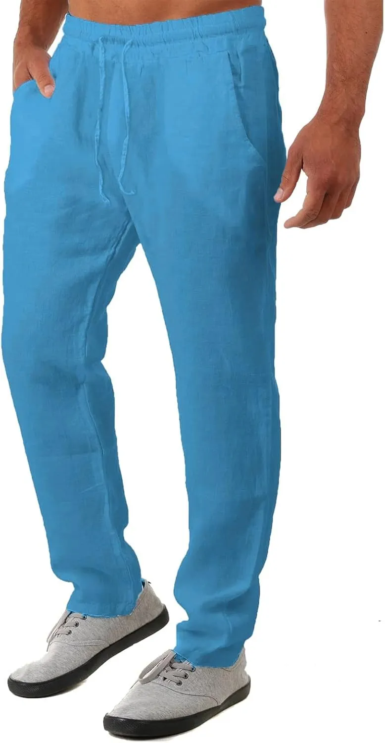 Linen Pants for Men 2023 Casual Stylish Drawstring Cotton Trousers Regular Fit Elastic Waist Solid Straight Legs