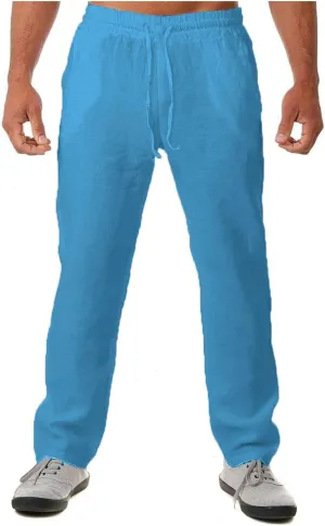 Linen Pants for Men 2023 Casual Stylish Drawstring Cotton Trousers Regular Fit Elastic Waist Solid Straight Legs