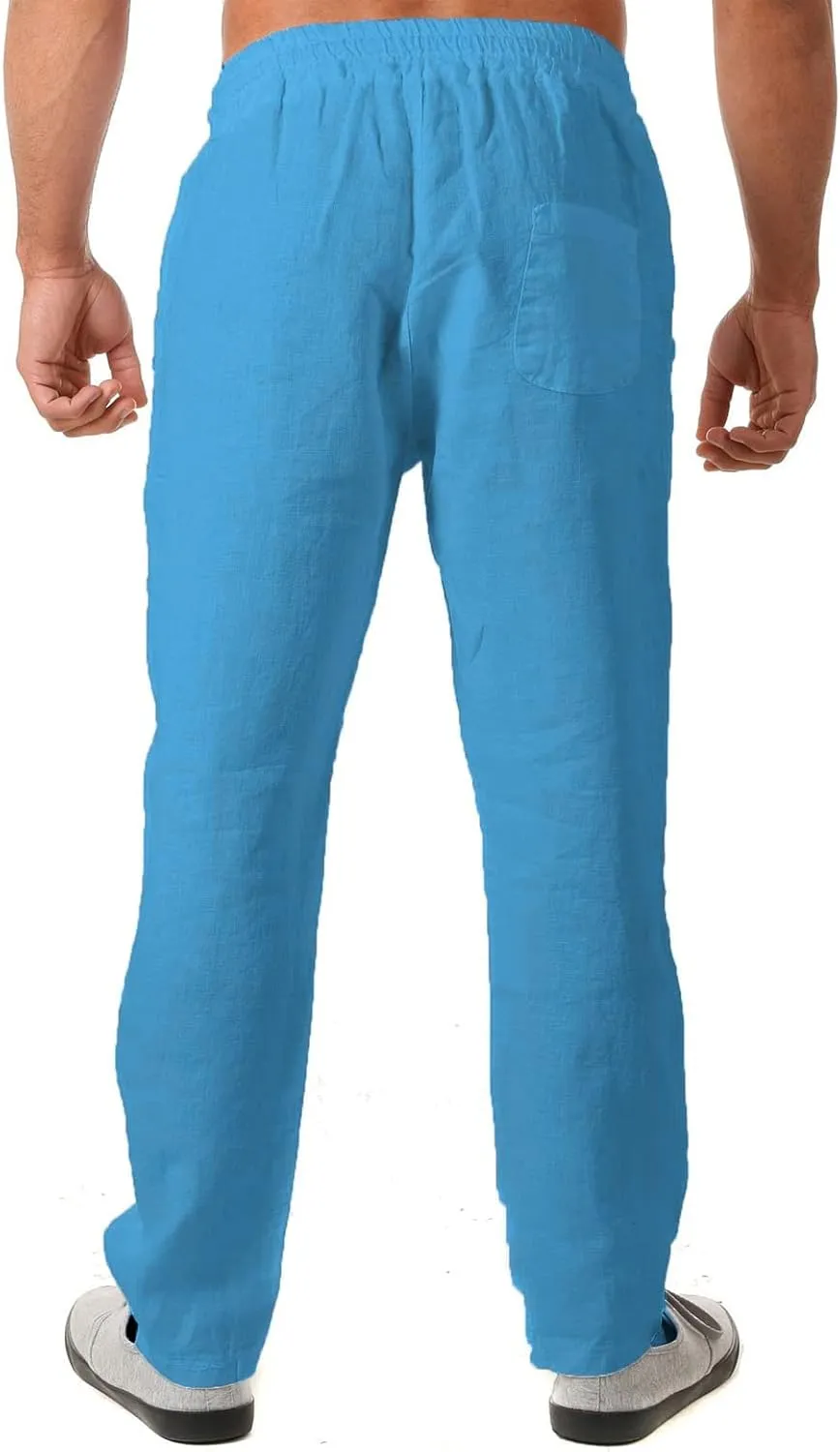 Linen Pants for Men 2023 Casual Stylish Drawstring Cotton Trousers Regular Fit Elastic Waist Solid Straight Legs