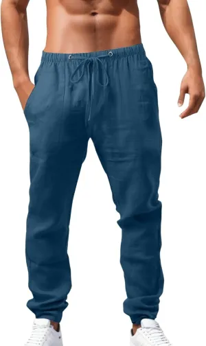 linen pants for men loose fit, beach pants for men big and tall, Linen Pants for Men, Mens Casual Pants Drawstring Elastic Waist Straight Legs Pants Summer Beach Trousers Pockets