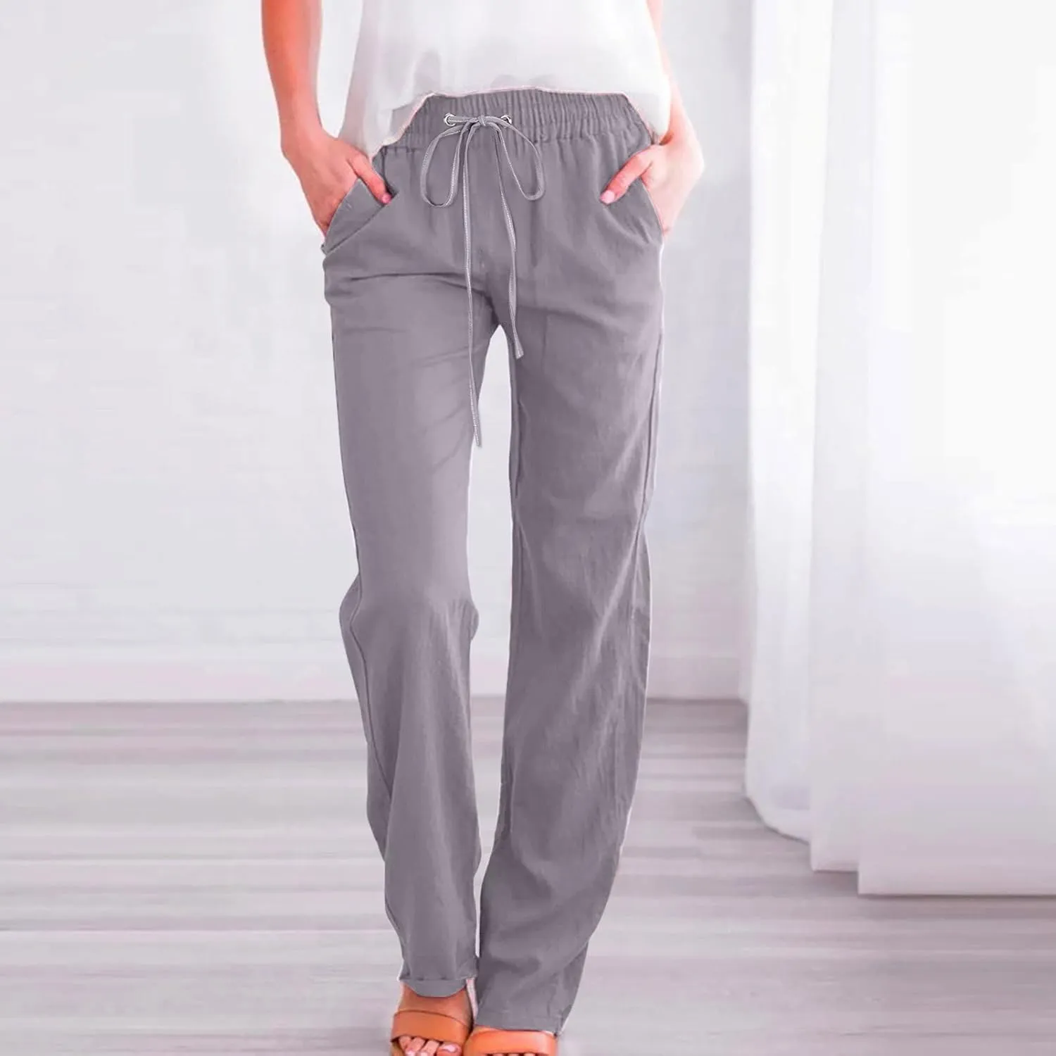 Linen Pants for Women Beach Vacation Elastic Waist Drawstring Trousers Pant Gauze Loose 2025 Casual Summer Clothes