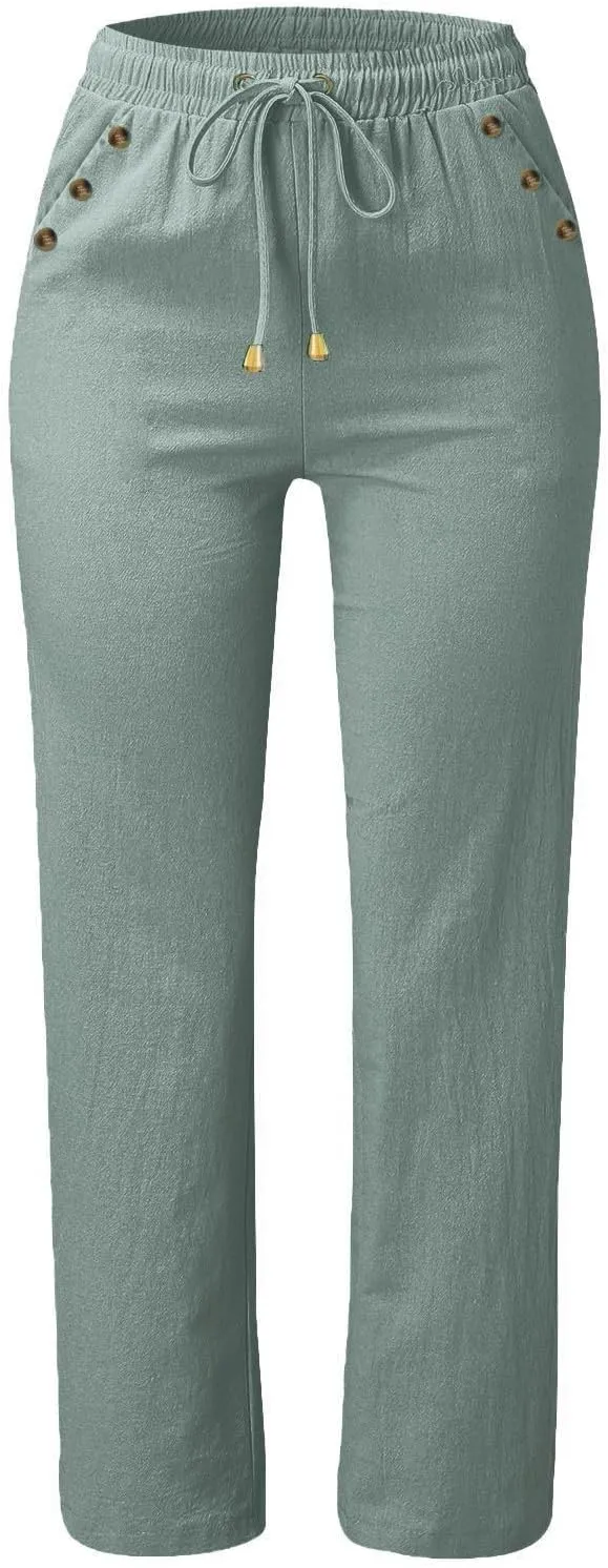 Linen Pants for Women Summer Drawstring Pockets Wide Leg Loose Casual Cotton Linen Palazzo Pants Beach Yoga Pant