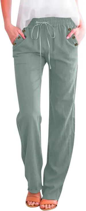 Linen Pants for Women Summer Drawstring Pockets Wide Leg Loose Casual Cotton Linen Palazzo Pants Beach Yoga Pant