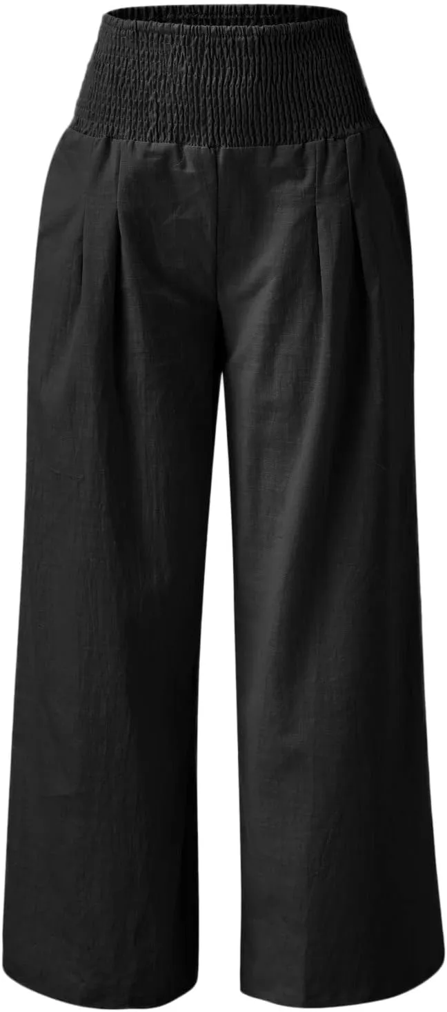 Linen Pants for Women Wide Leg Elastic High Waisted Palazzo Pants Lounge Yoga Trousers Beach Pants with Pockets