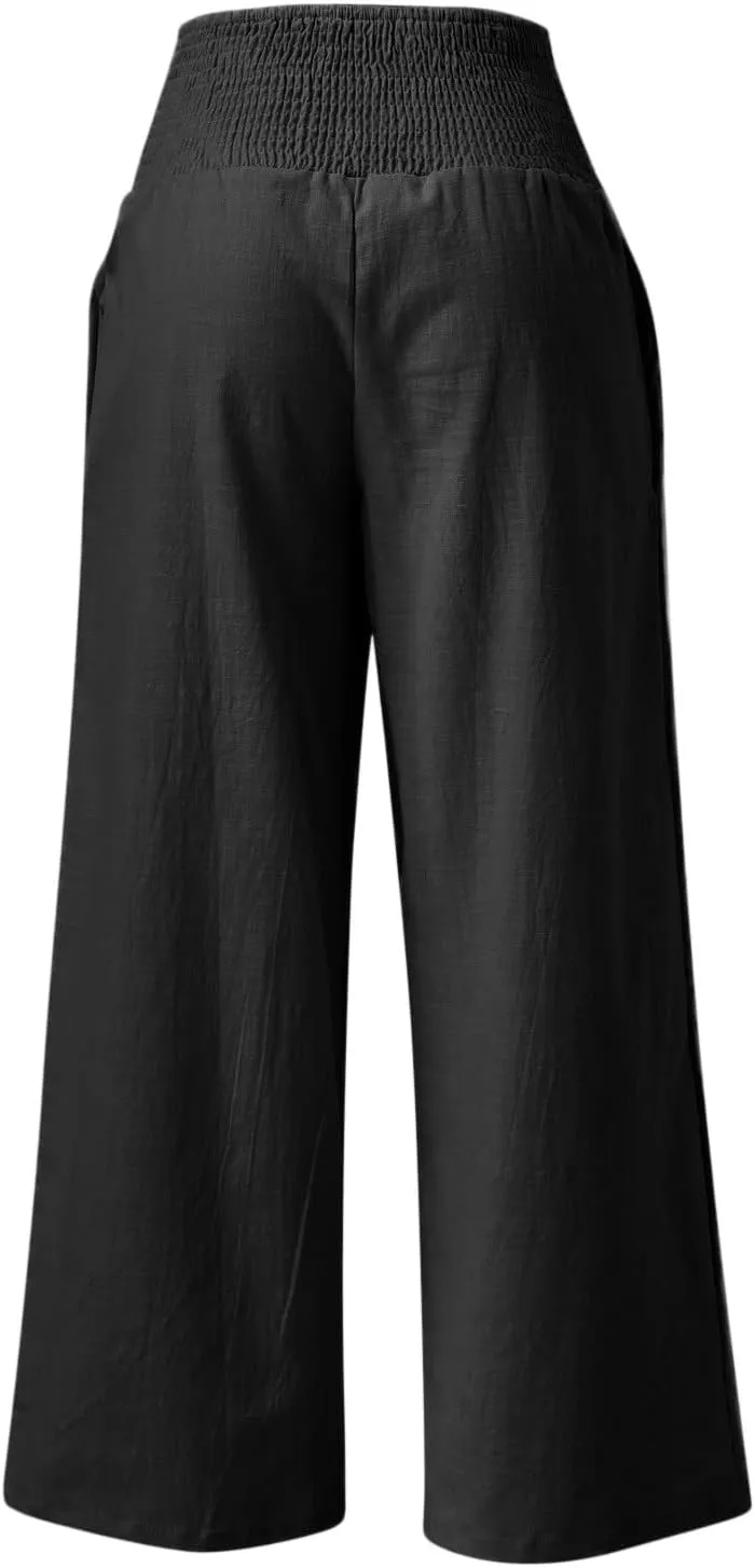 Linen Pants for Women Wide Leg Elastic High Waisted Palazzo Pants Lounge Yoga Trousers Beach Pants with Pockets