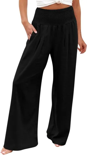 Linen Pants for Women Wide Leg Elastic High Waisted Palazzo Pants Lounge Yoga Trousers Beach Pants with Pockets