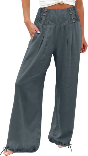 Linen Pants Petite Women Summer Spring Casual Loose Pant for Womens Petite Wide Leg Cotton Trousers Petite