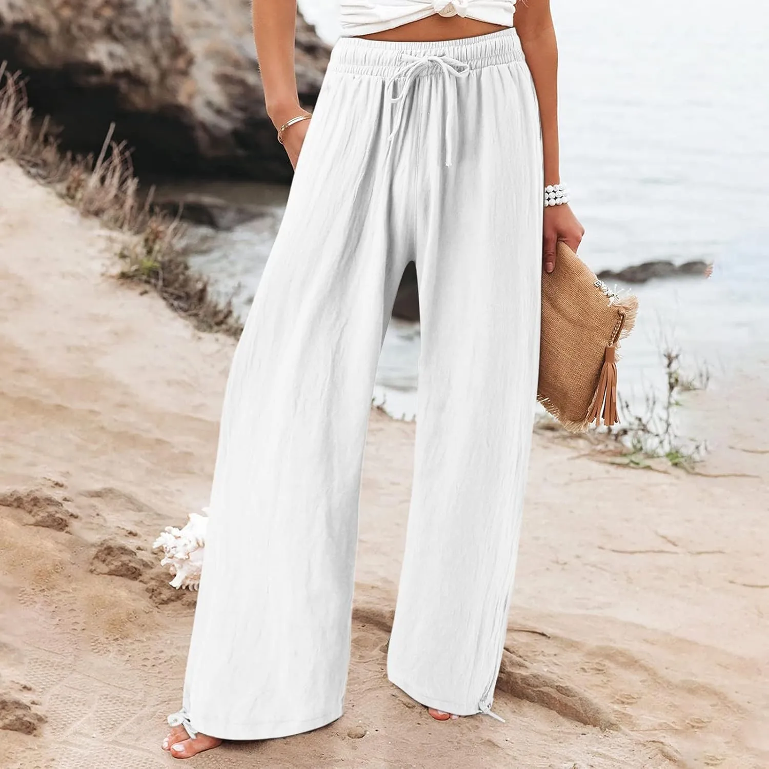Linen Pants Women 2025 Summer Drawstring Elastic High Waist Baggy Beach Pants Wide Leg Flowy Pants with Pockets