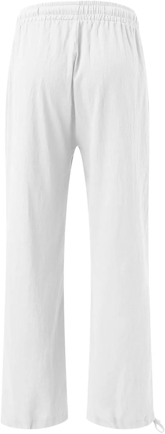 Linen Pants Women 2025 Summer Drawstring Elastic High Waist Baggy Beach Pants Wide Leg Flowy Pants with Pockets