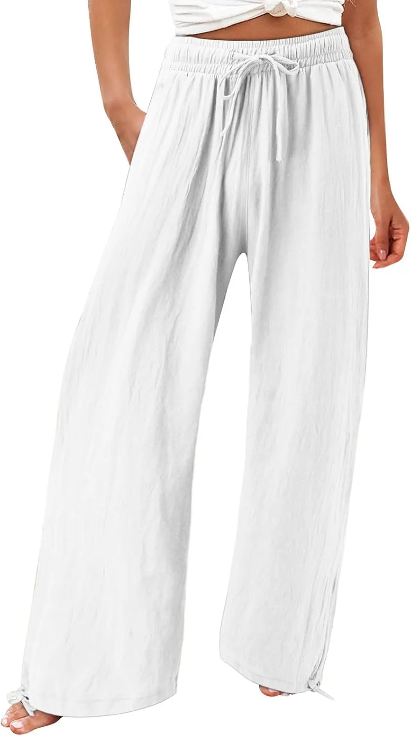 Linen Pants Women 2025 Summer Drawstring Elastic High Waist Baggy Beach Pants Wide Leg Flowy Pants with Pockets