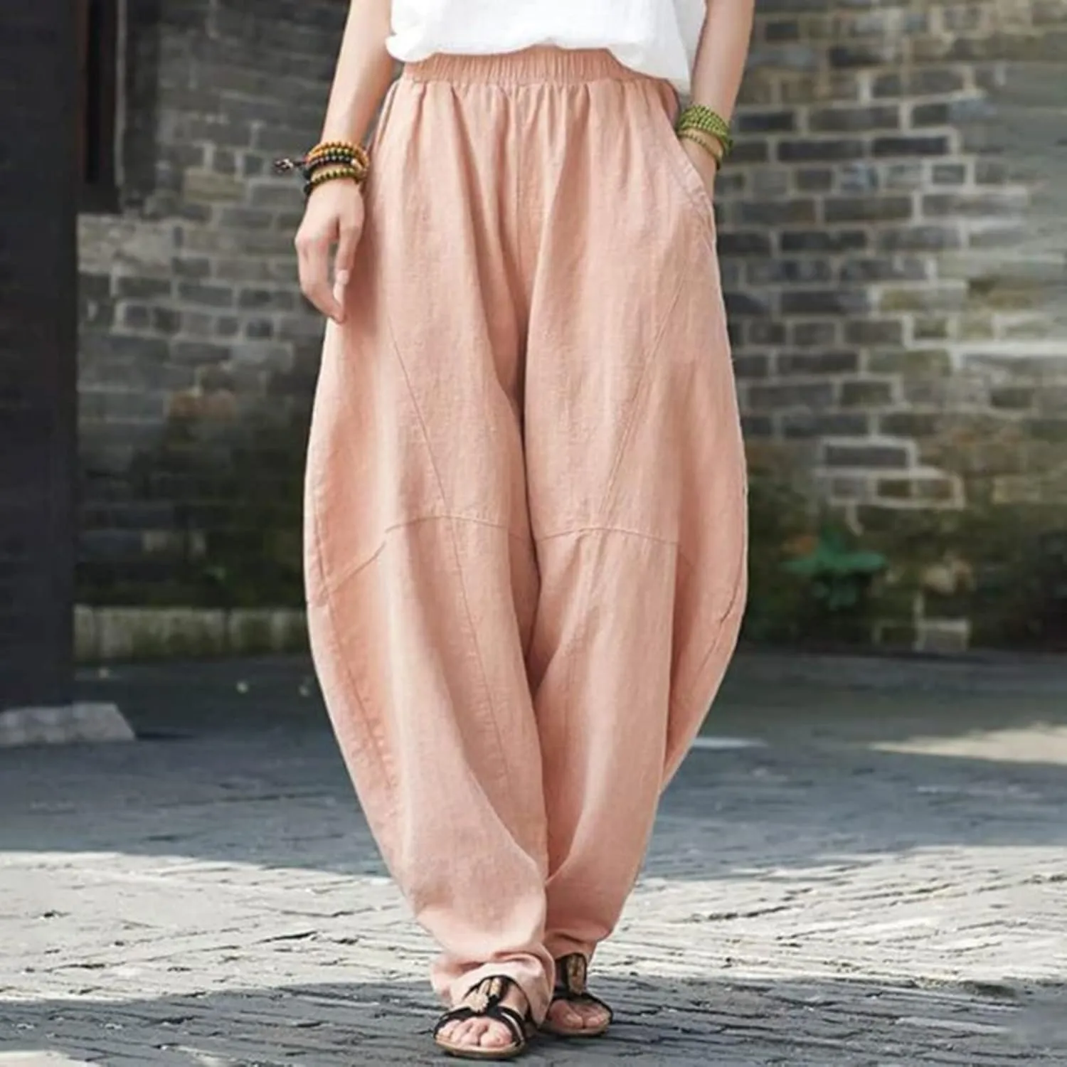 Linen Pants Women 2025 Summer Elastic High Waist Wide Leg Trousers Casual Loose Fit Harem Palazzo with Pockets